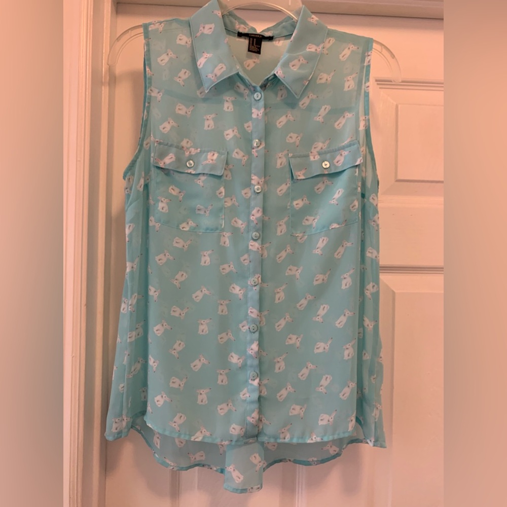 Forever 21 button up bunny print sleeveless shirt